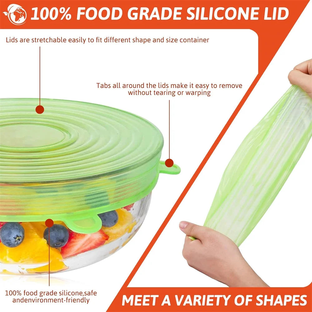 6Pcs Food Grade Silicone Preservation Cover Reusable Airtight Food Universal Dish Stretch round Lids for Kitchen Accessories