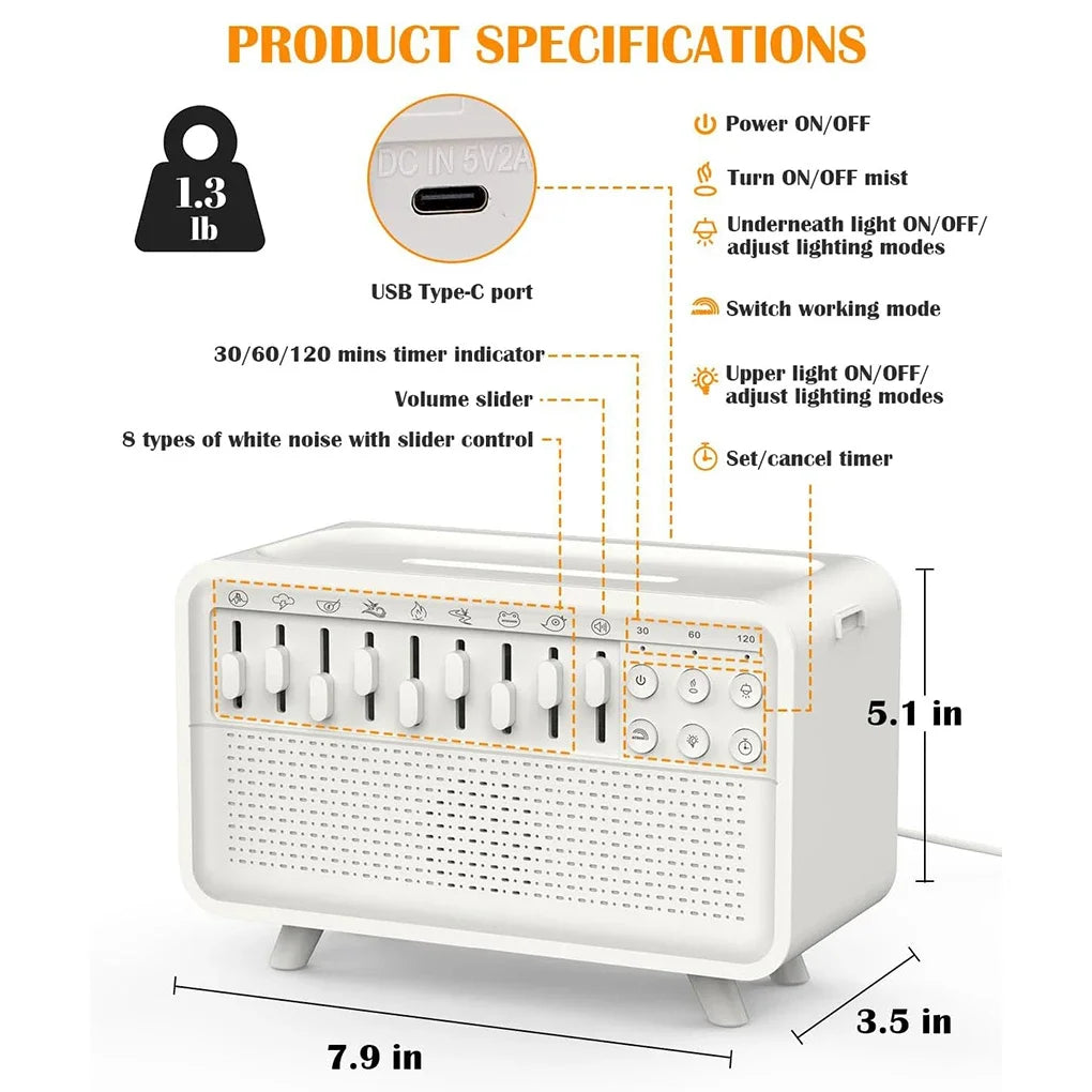 3 in 1 Bluetooth-Compatible Speaker White Noise Sleep Aid Night Light Humidifier All-In-One Machine Free 8 Goup Nature Sound